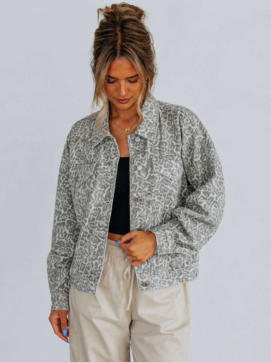 Leopard Button Up Denim Jacket